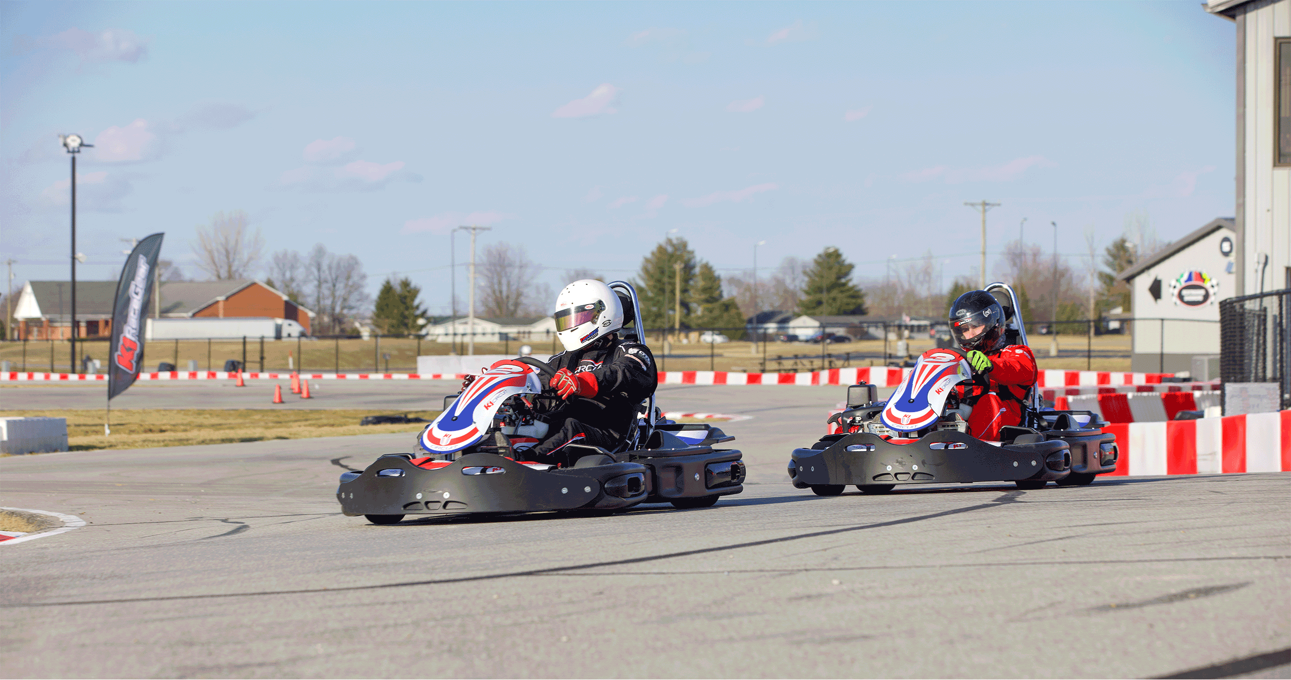 Two drivers race at K1 Circuit Whiteland near Indianapolis, IN.