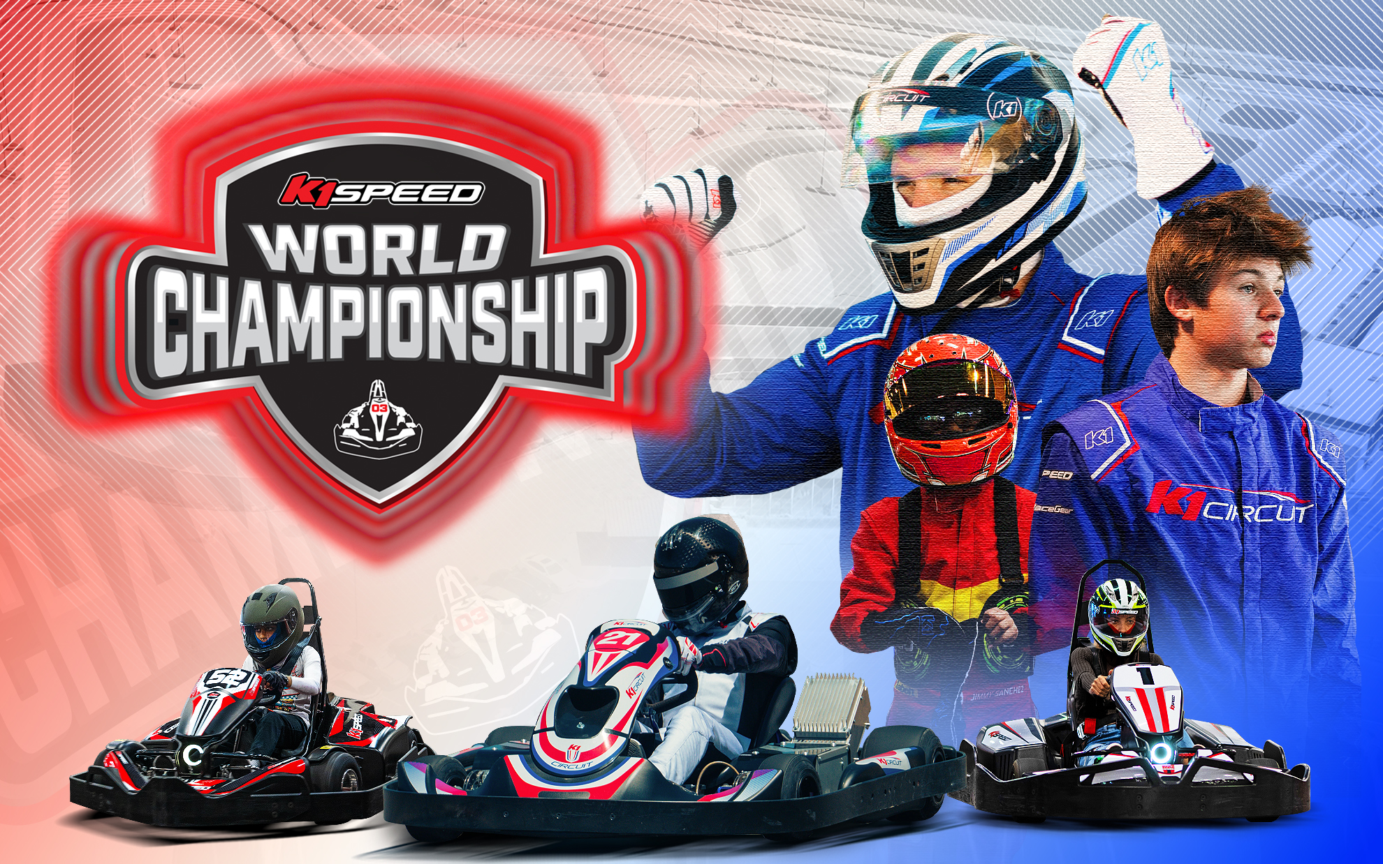image of karting drivers and go karts with the logo for k1 speed's world championship