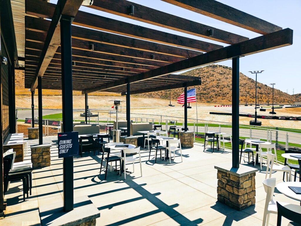 View of the outdoor patio at K1 Circuit Winchester's Paddock Lounge