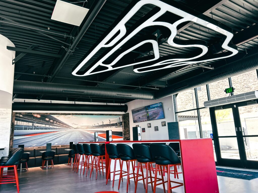 A full shot of the track layout on the ceiling of K1 Circuit Winchester's Paddock Lounge