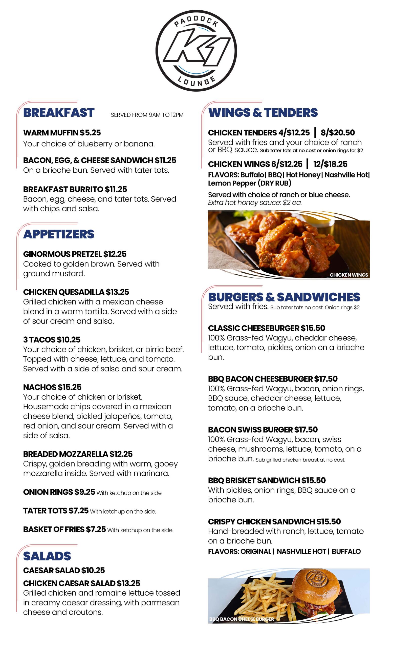 k1 circuit winchester paddock lounge menu with breakfast, appetizers, salads, wings & tenders, and burgers and sandwiches