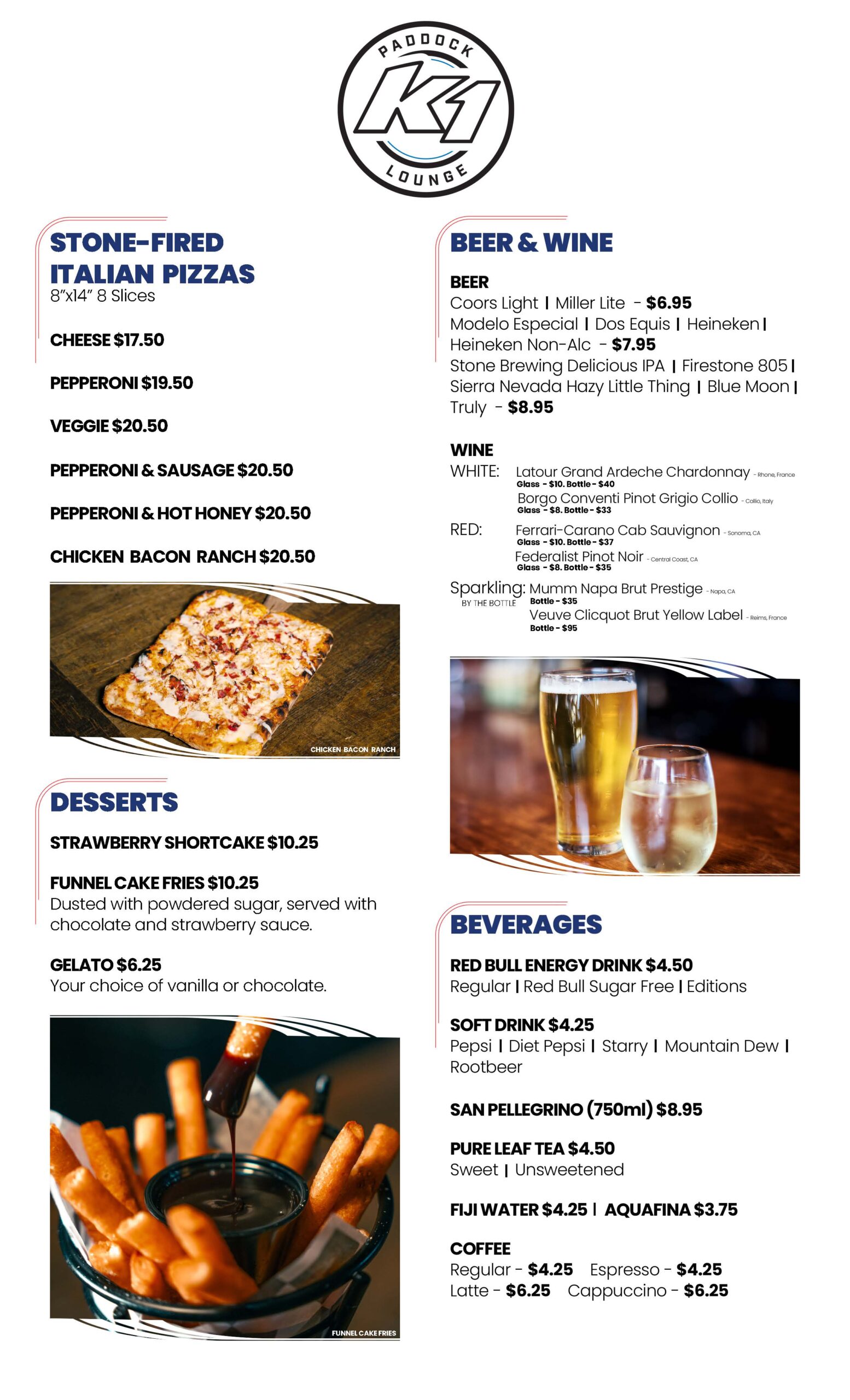 k1 circuit winchester menu with beer and wine, pizzas and desserts, and beverages