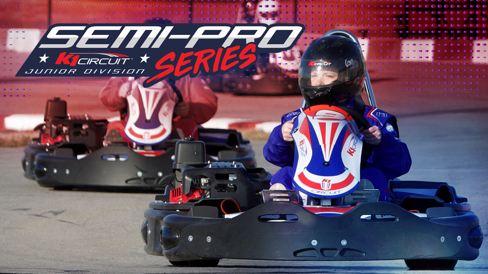 teens race go-karts at k1 circuit whiteland in a promotional image for the semi-pro junior series rental karting league