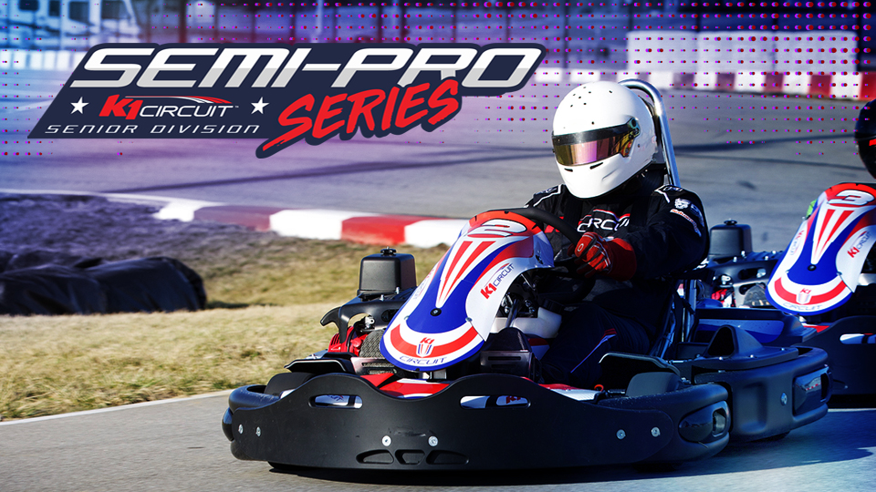 adults race go-karts at k1 circuit whiteland in a promotional image for the semi-pro senior series rental karting league