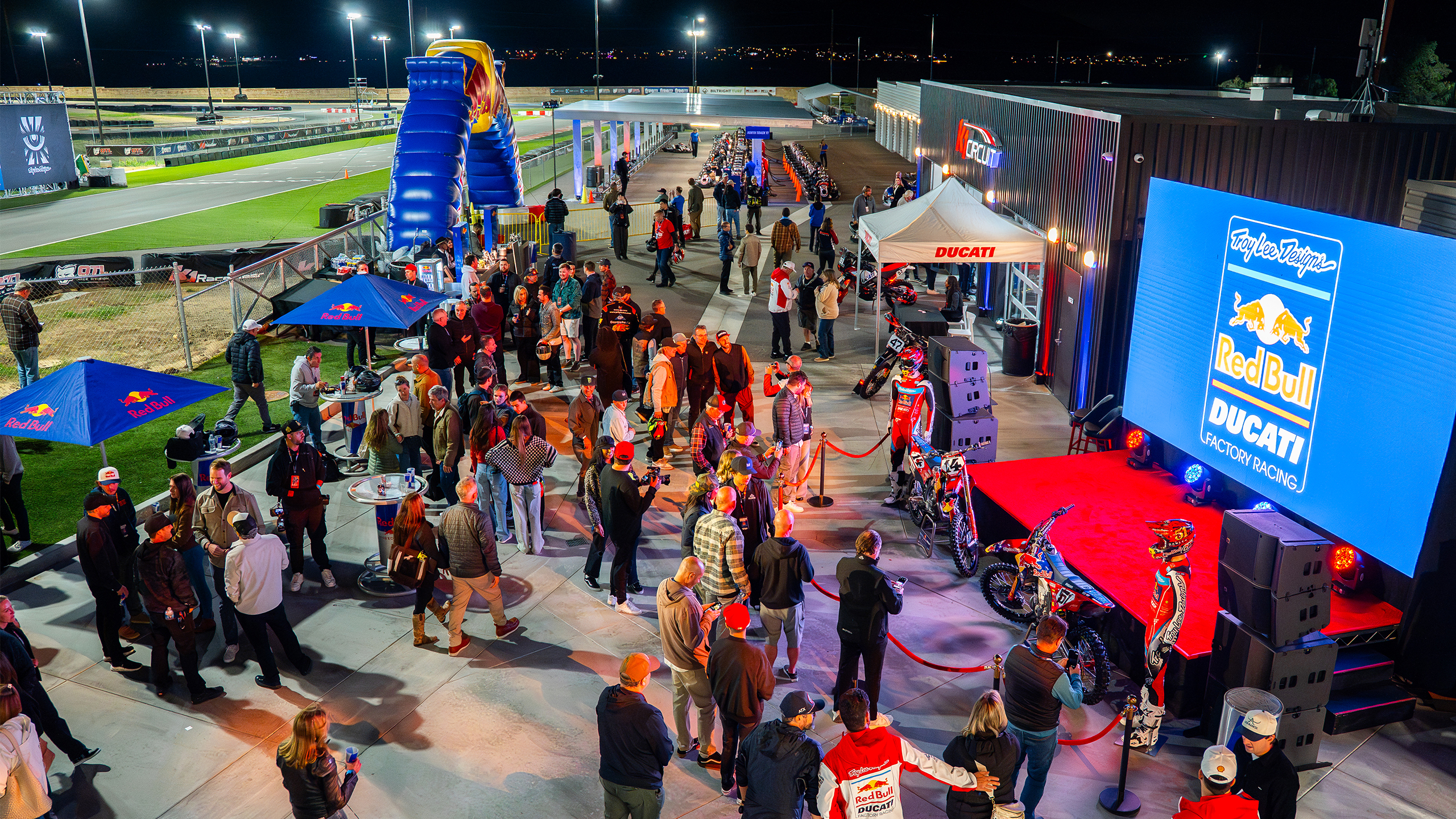 An overhead shot of the Red Bull / Troy Lee Designs / Ducati event at K1 Circuit in Winchester