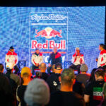 People speak on stage at a Red Bull / Troy Lee Designs / Ducati event at K1 Circuit in Winchester