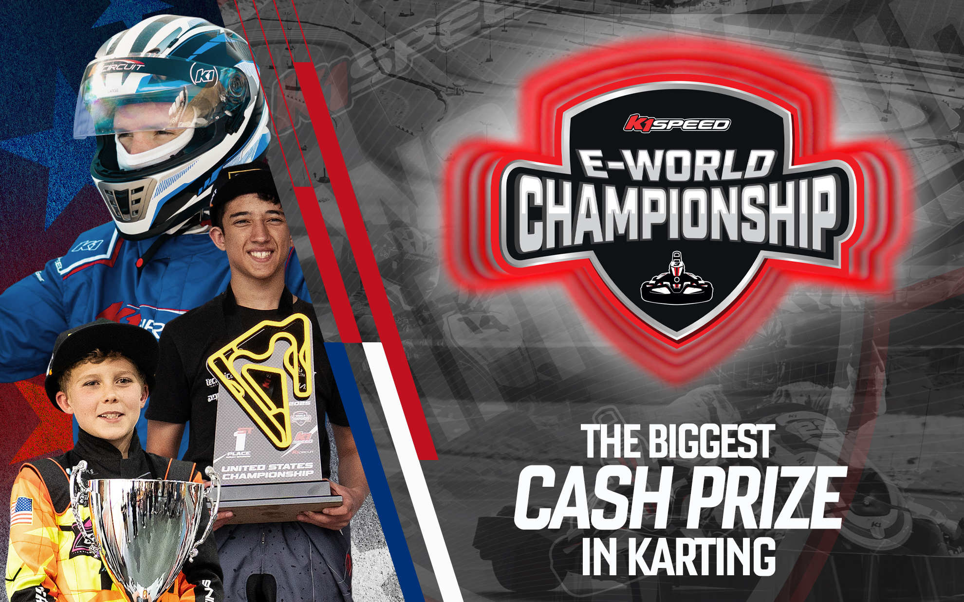image of karting drivers and go karts with the logo for k1 speed's e-world championship