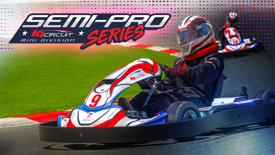 Image of kids racing cadet karts with the logo for the K1 Circuit Semi-Pro Mini Series overlaid