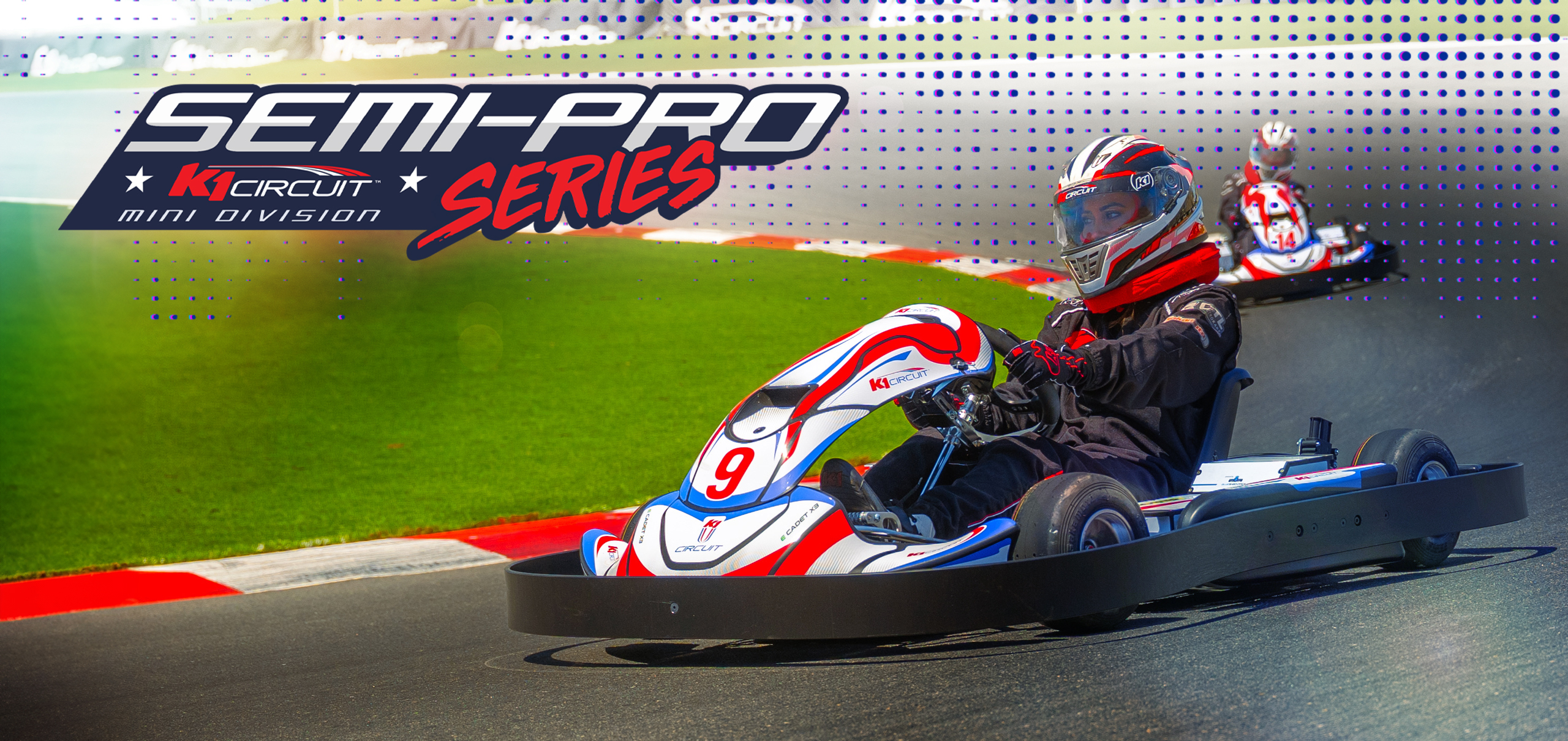 Image of kids racing cadet karts with the logo for the K1 Circuit Semi-Pro Mini Series overlaid